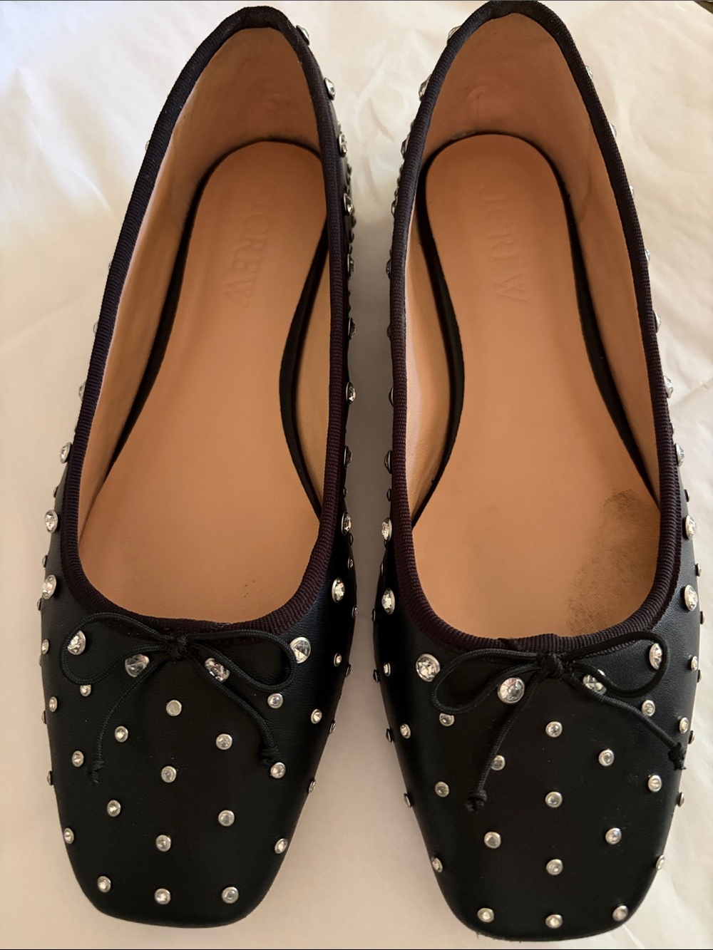 J.Crew Quinn Black Studded Square Toe Leather Ballet Flats with Crystal Accents